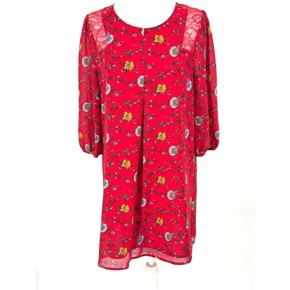 Skies Are Blue Red Floral Lace Trim Shift Dress Sz SP Small Petite Boho Romantic - Picture 1 of 12